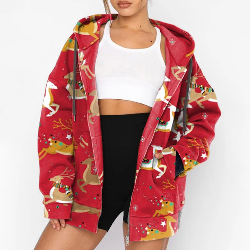 

Red Deer Print Zip Up Hoodies Jacket Women Christmas Clothes Hooded Coat Sweatshirts Vintage Hoodie Sweat Shirts Autumn Winter