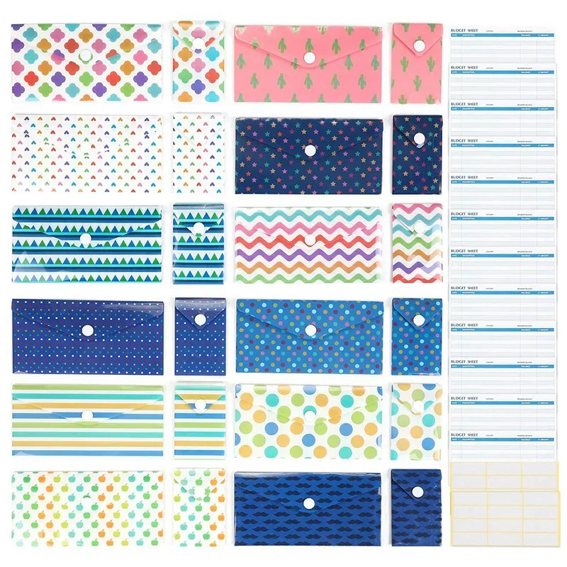 

24 пакета конвертов для денег, конверты для денег, кошелек, система конвертов, водонепроницаемые, многоразовые, для экономии денег с кнопкой