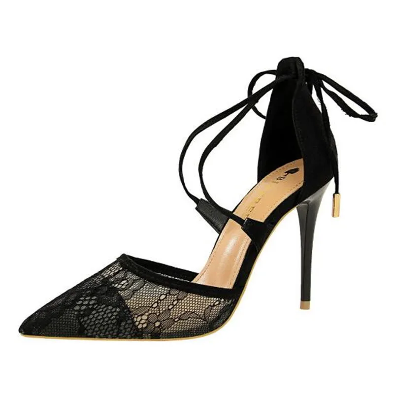 

Sexy Floral Lace Mesh Pointed Toe Women Sandals New Arrival Cut-Outs Cross-tied Shallow Sandals Women's High Heels Shoes Fashion