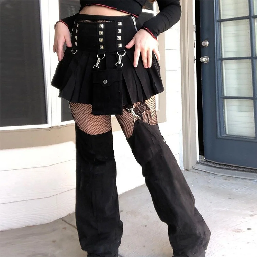 

Rivet Goth Black Pleated Skirts y2k Bandage Pockets Mini Skirts Metal Buckle Half Trouser Leg Gothic Skirts Women New