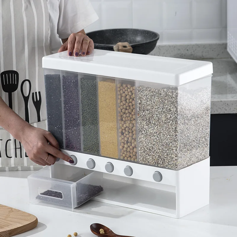 

Wall Mounted Separate Rice Bucket Cereal Dispenser Moisture Proof Plastic Automatic Racks Sealed Metering Food Storage Box