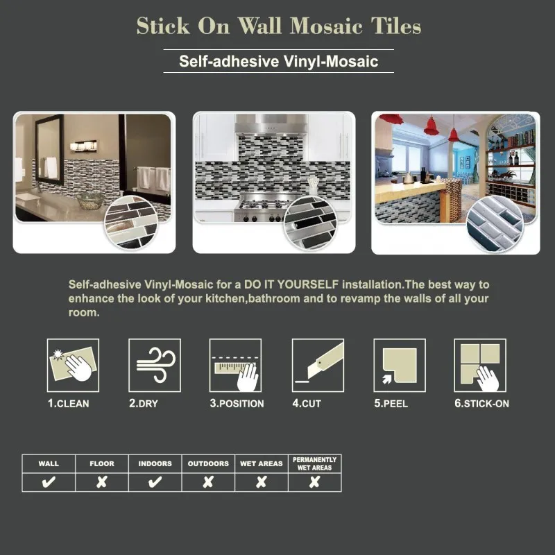 

Peel And Stick Backsplash Removable Self Adhesive Mosaic Art Tile Wall Sticker Vinyl Bathroom Kitchen Home Decor DIY