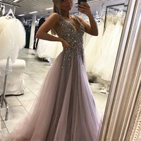 a line open back tulle prom dresses v neck prom dress sexy long formal dresses long tulle top beading sexy grey evening dress