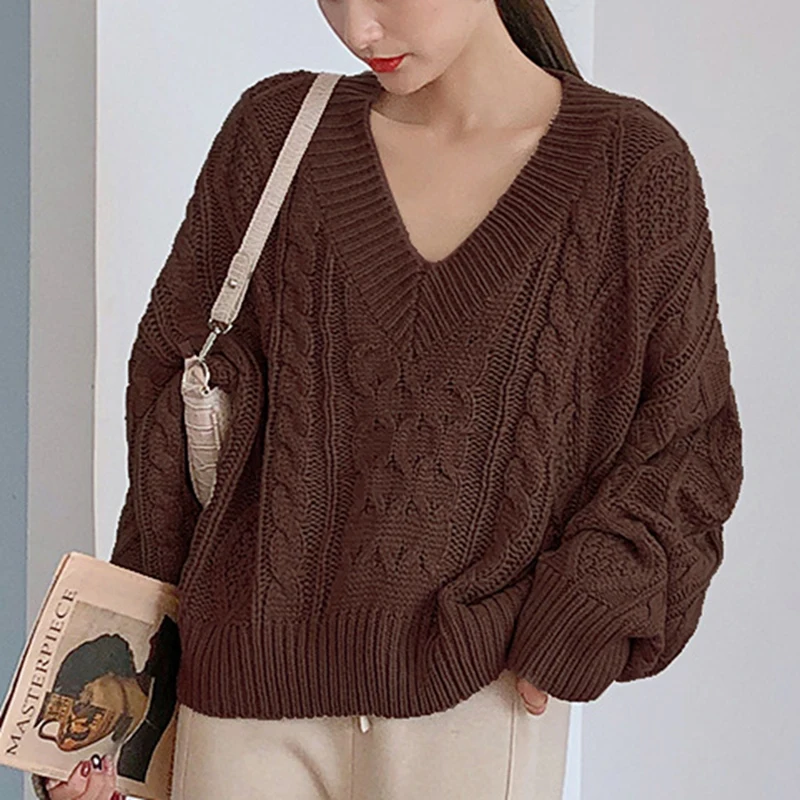 

Women's Fashion Solid Color Linen Pattern V-Neck Long Sleeve Pullover Knit Sweater One Size