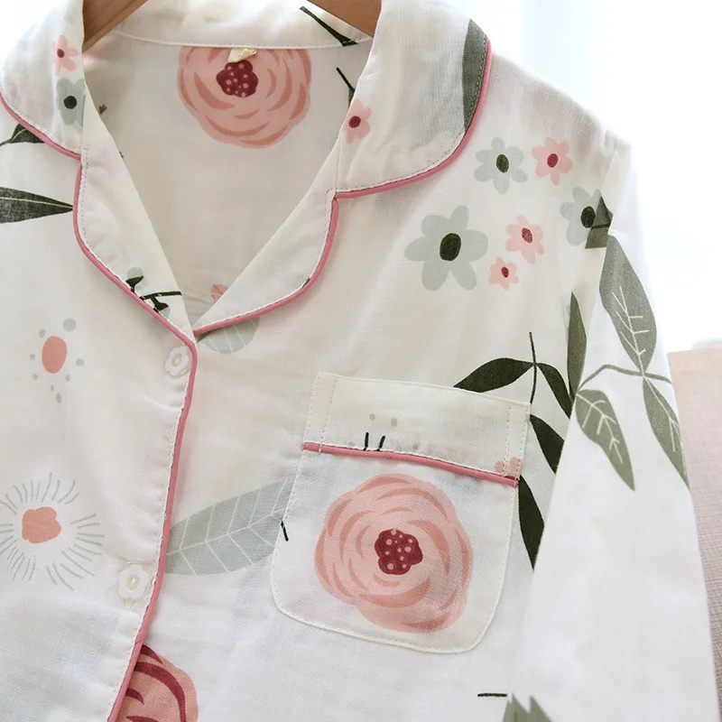 South Korea Summer Hot Selling Fresh Flowers Ladies Long Sleeve Pajamas Set Cotton Gauze Casual And Comfortable Women Pajamas