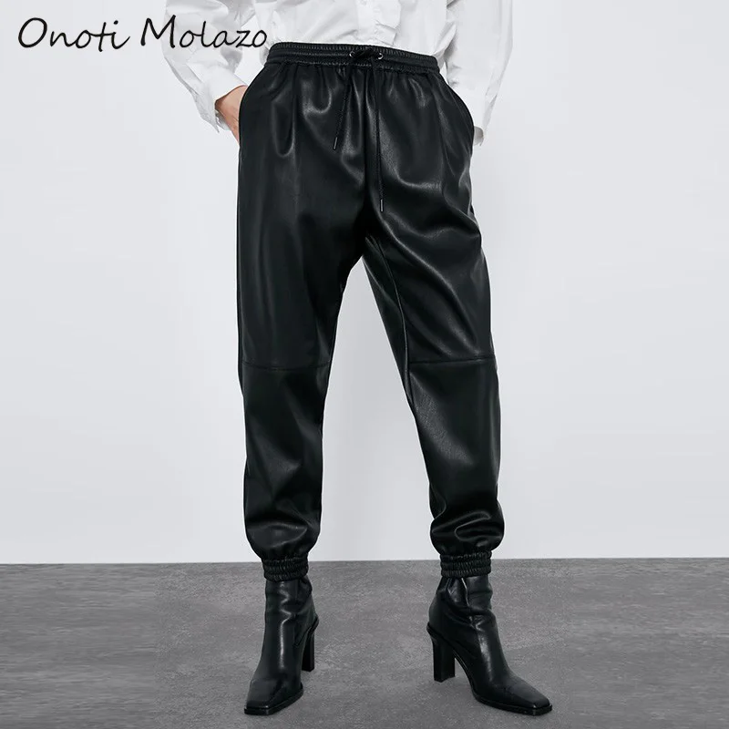 Женские длинные брюки Onoti Molazo повседневные из искусственной кожи с эластичной
