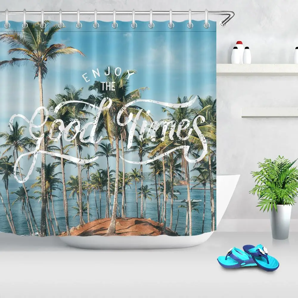 

Шторы для душа с кокосовым деревом, зеленые тропические растения, занавески для ванной, ткань для морского пляжа, домашний декор, наслаждайт...