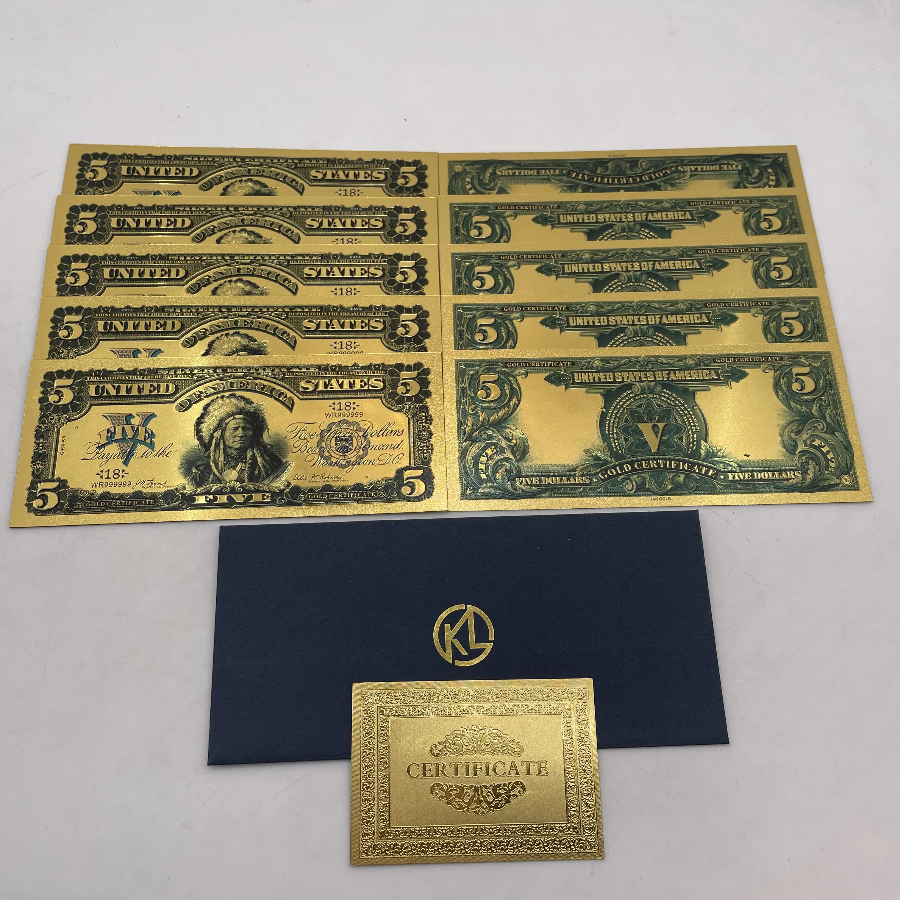 

10 шт./лот 1899 года, США, доллары США, золотые банкноты 24k, пять долларов США, красочные банкноты с покрытием, поддельные деньги, 5 долларов, коллекционные банкноты