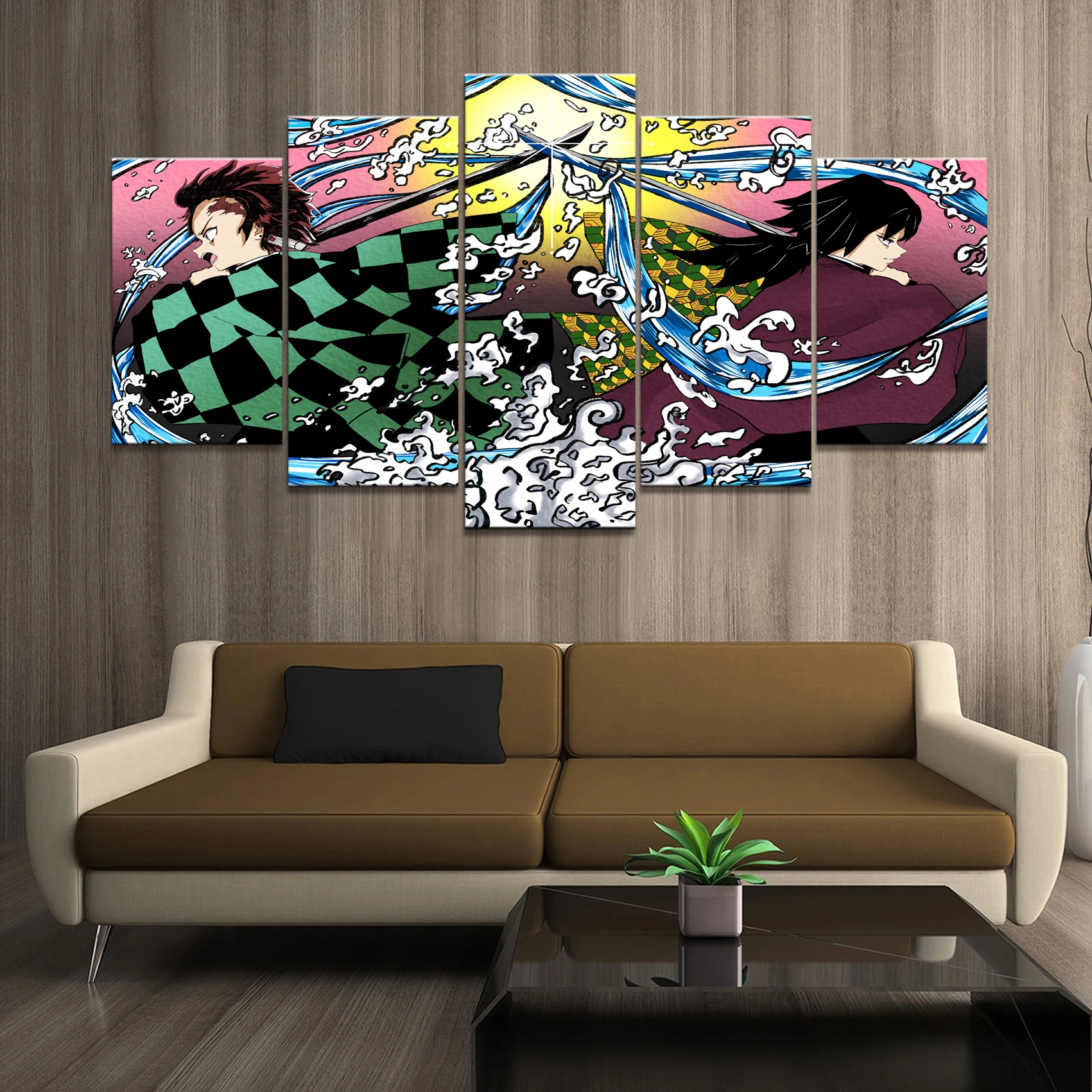 

5 панелей HD Аниме Картина для мальчика Tomioka Giyuu, постер для рассекания демонов, камадо, танджиро, анимационное искусство, настенные декоратив...