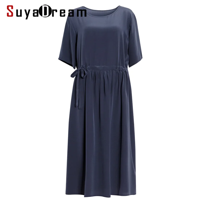 Женское платье с поясом 100% Настоящее шелковое креп темно синее простое длинное