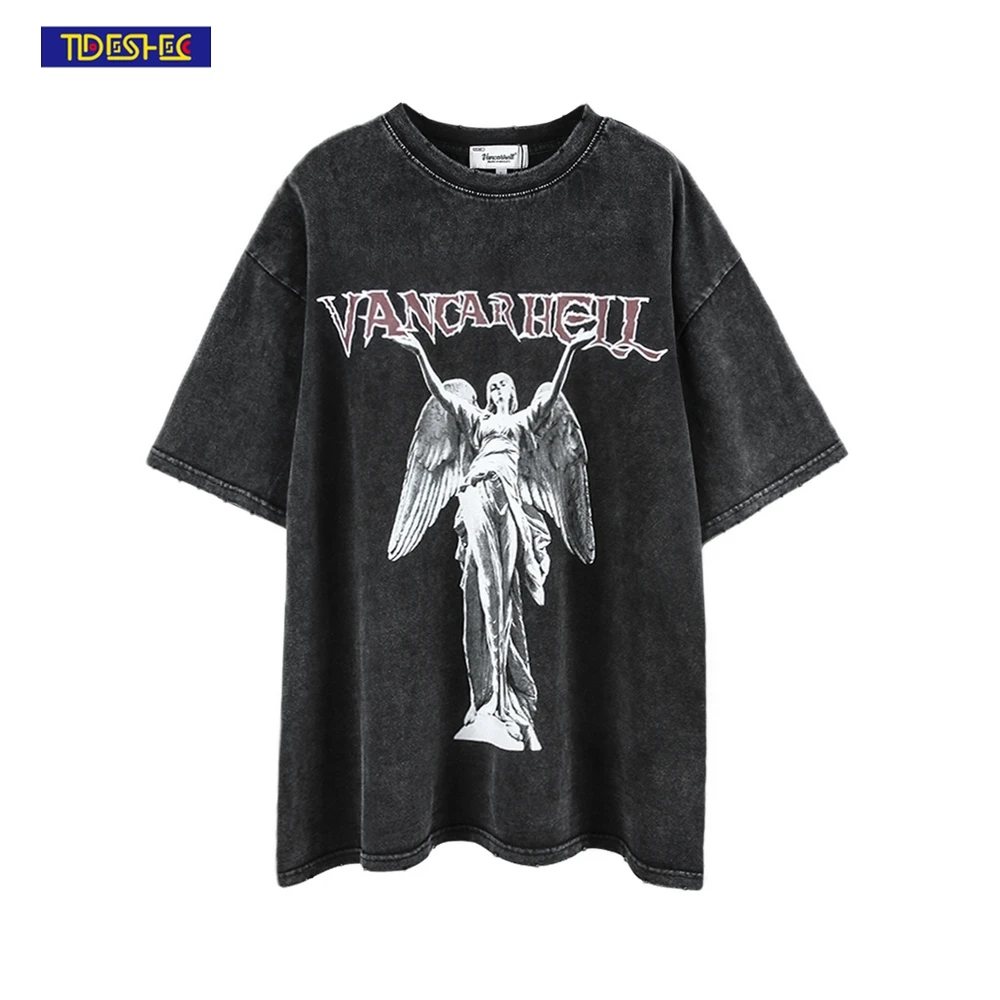 

Мужские и женские футболки с принтом ангела, футболки большого размера, уличная одежда в европейском и американском стиле, футболки в стиле ...