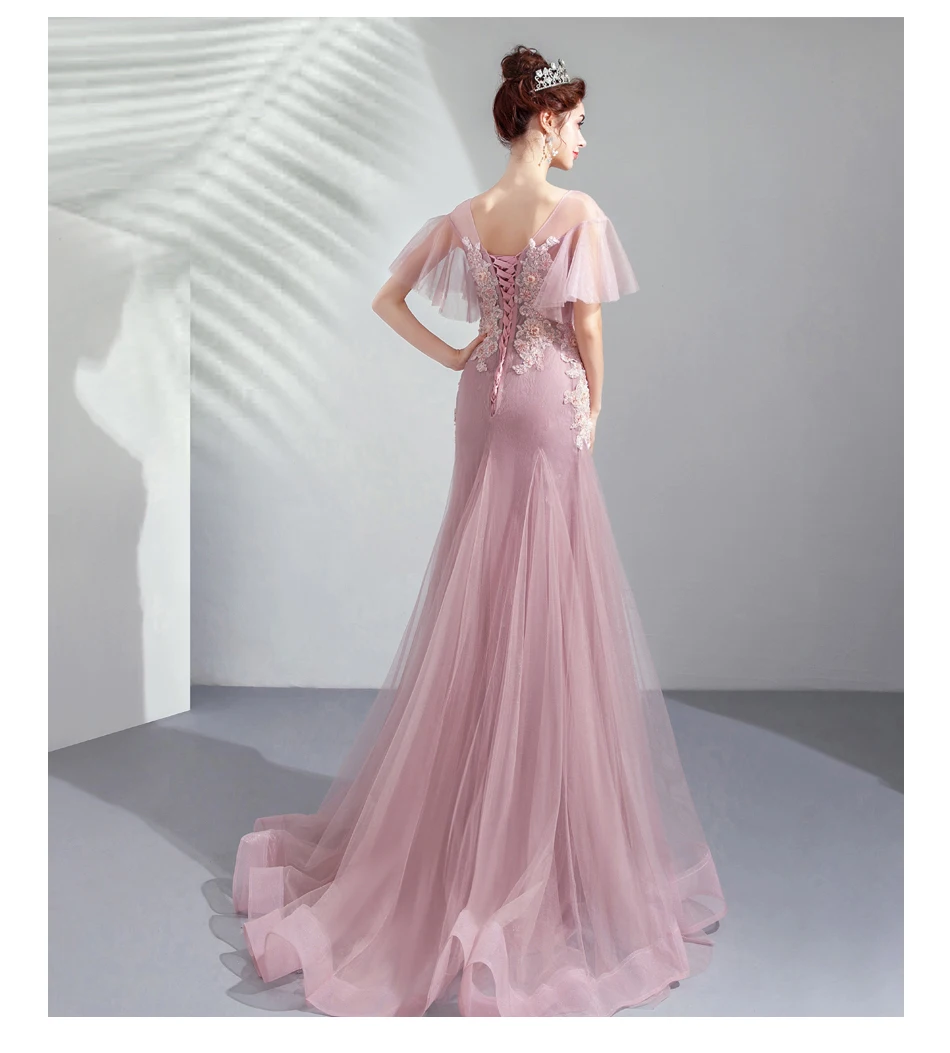 

vestidos formales Evening Dress Mermaid Pink Embroidery Lace Evening Dresses Flowers Formal Gowns robe de soiree Customization