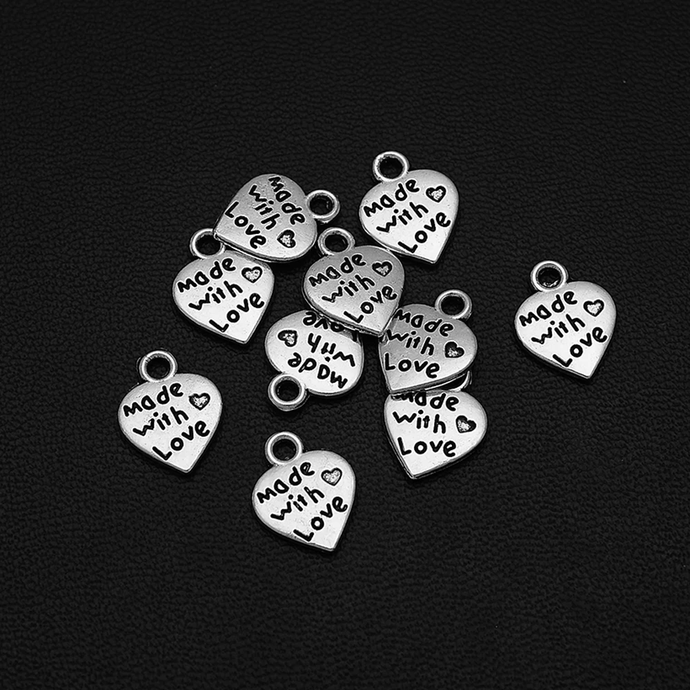 

20pcs/Lots 10x13mm Antique Silver Plated Made With Love Charms Heart Pendants For Diy Paired Earrings Designer Jewelery Supplies
