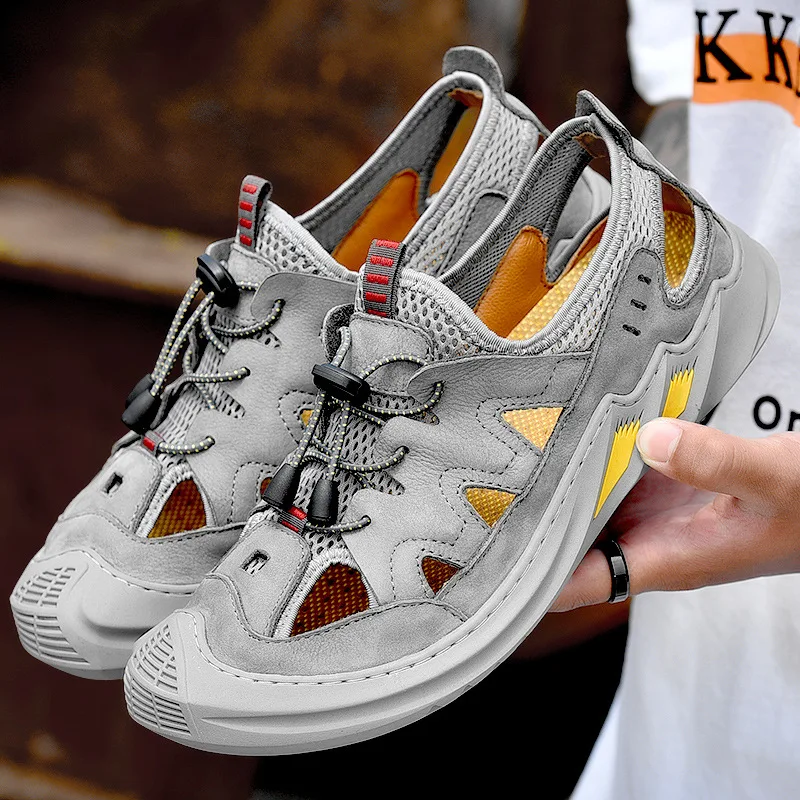 

Sandals Men's Summer Men's Shoes Low-top Velcro Breathable Hollow Toe Cap Casual Fashion Large Size 45 Sandals Mesh (Air Mesh) 5