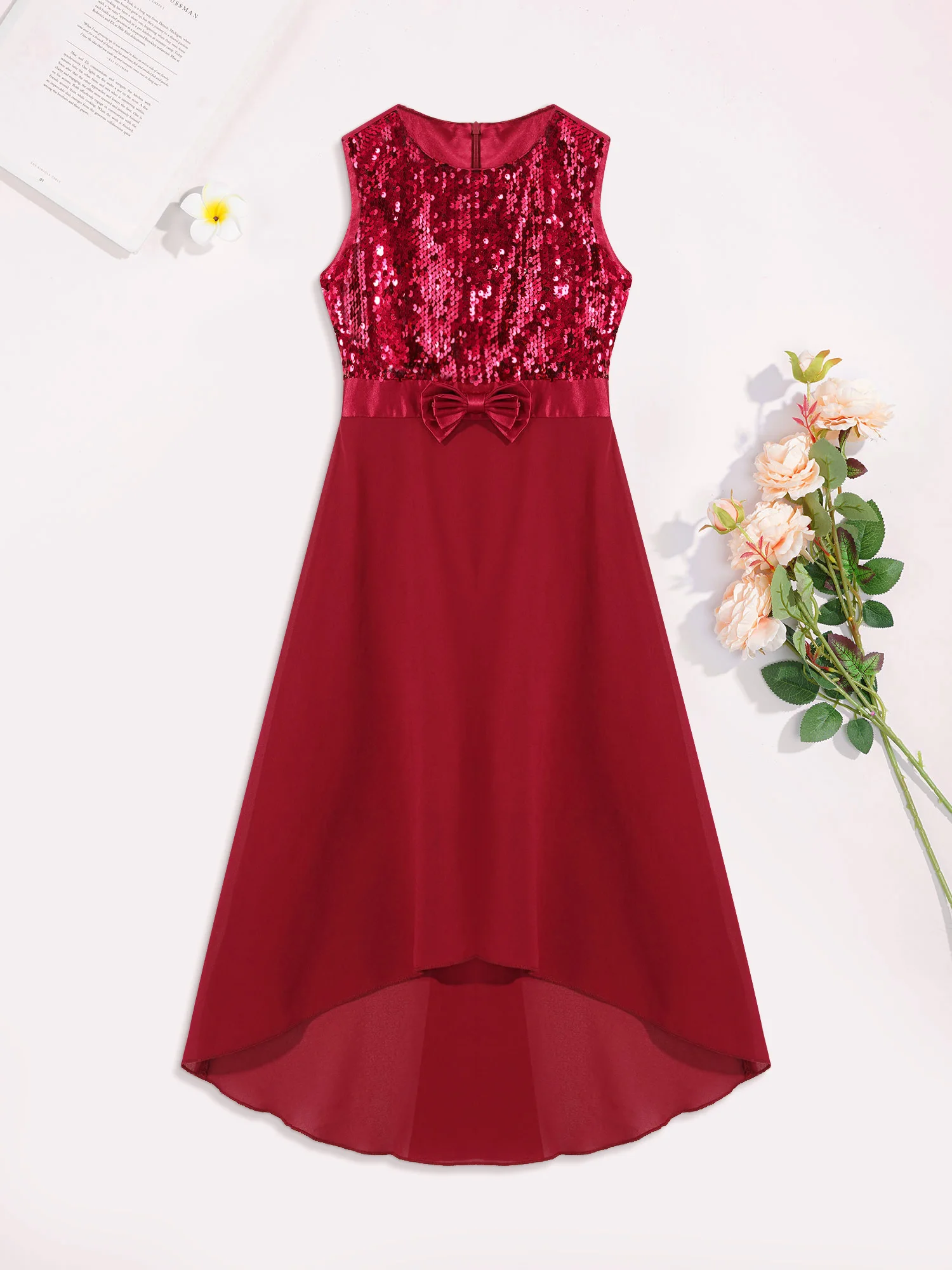 Teens Kid Sequins Chiffon Dress Sleeveless Princess Flower Girl Party Wedding High-Low Hem Dress Ballet Tutu Dance Clothing