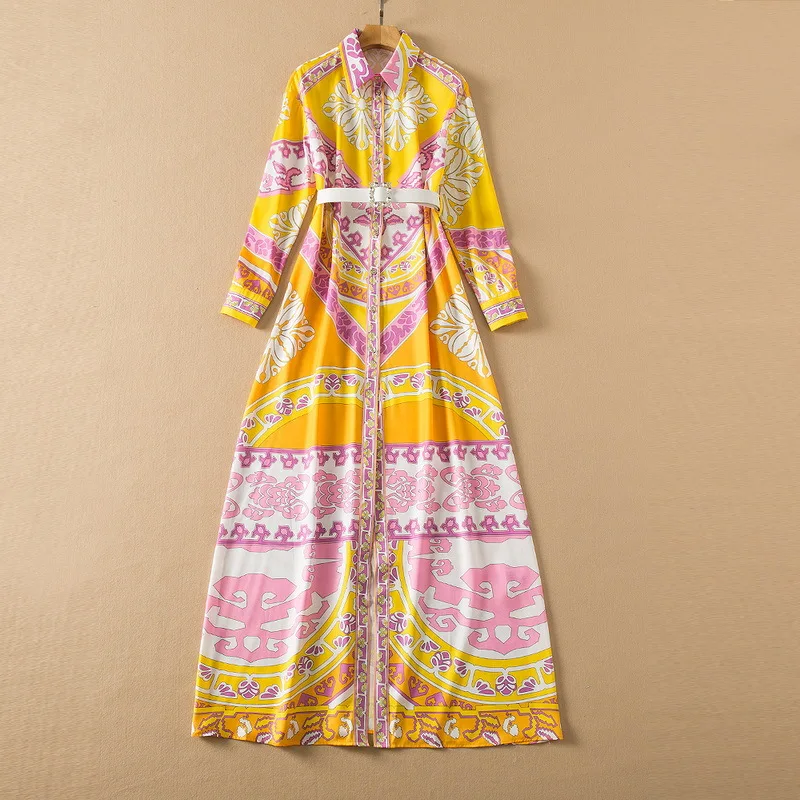 

European and American women's wear spring 2022 new Long-sleeve lapel single-breasted belt Fashionable yellow print dress