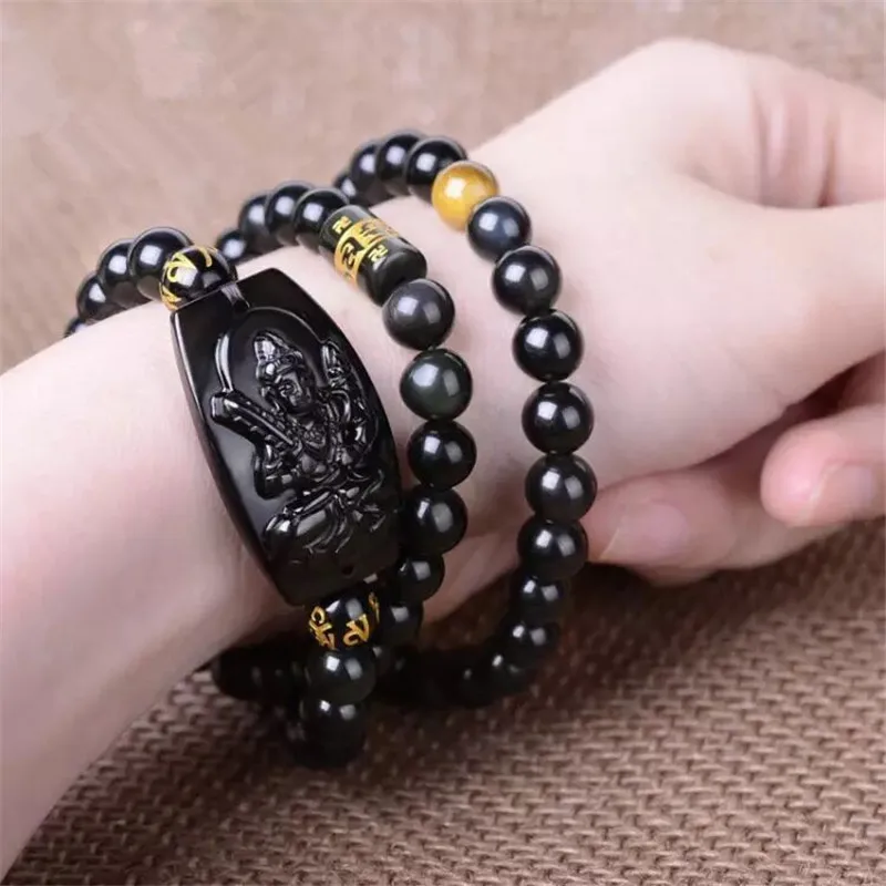 Drop shipp Black Obsidian Beaded Bracelet Hand Carved Buddha Amulet Buddhism Zodiac Patron Saint | Украшения и аксессуары