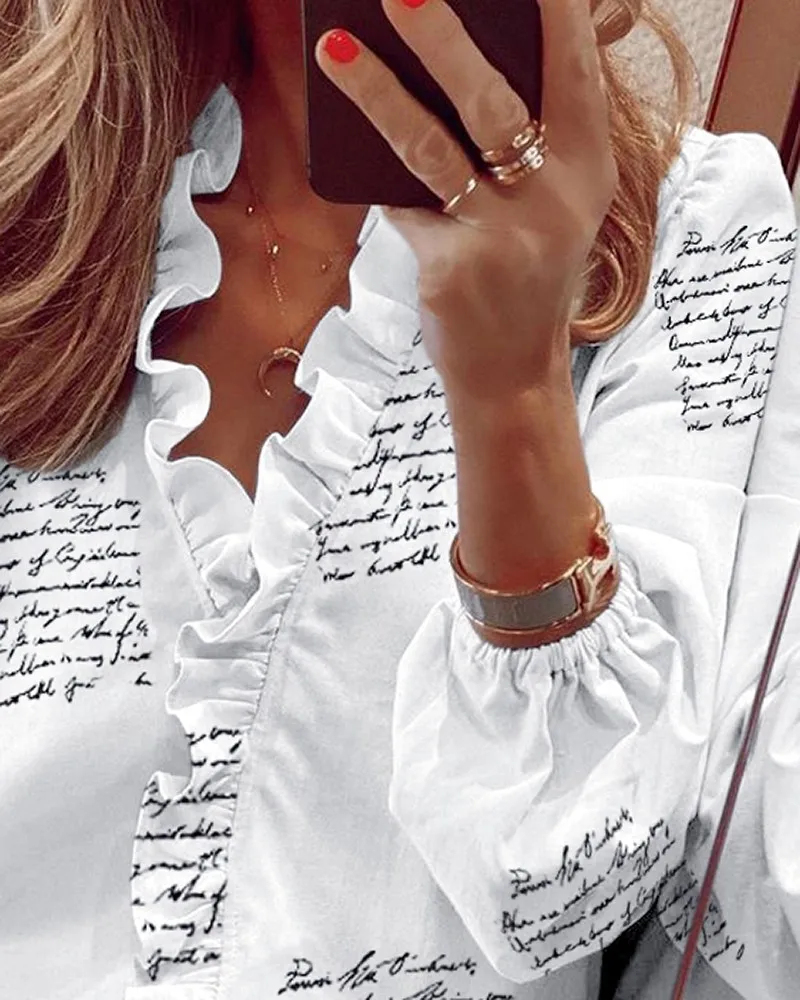 

2020 summer and autumn new European and American long-sleeved printed ruffled shirt blouse women long sleeve shirts