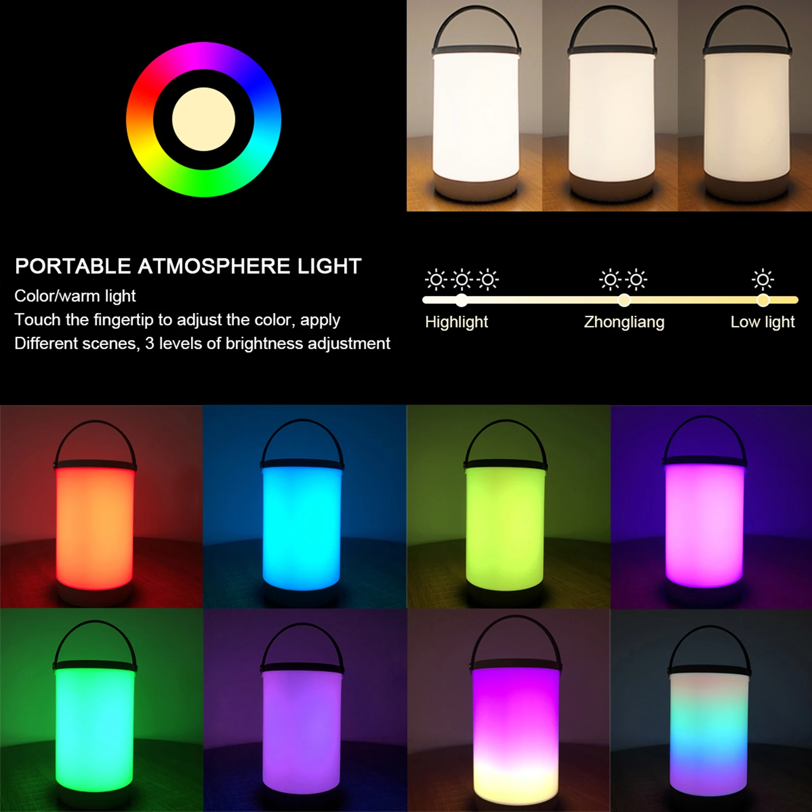 

Touching Control Portable Night Light Outdoor Camping Lighting 12.2 X 12.2 X 25cm 3 Levels Of Brightness RGB Color Table Lamp