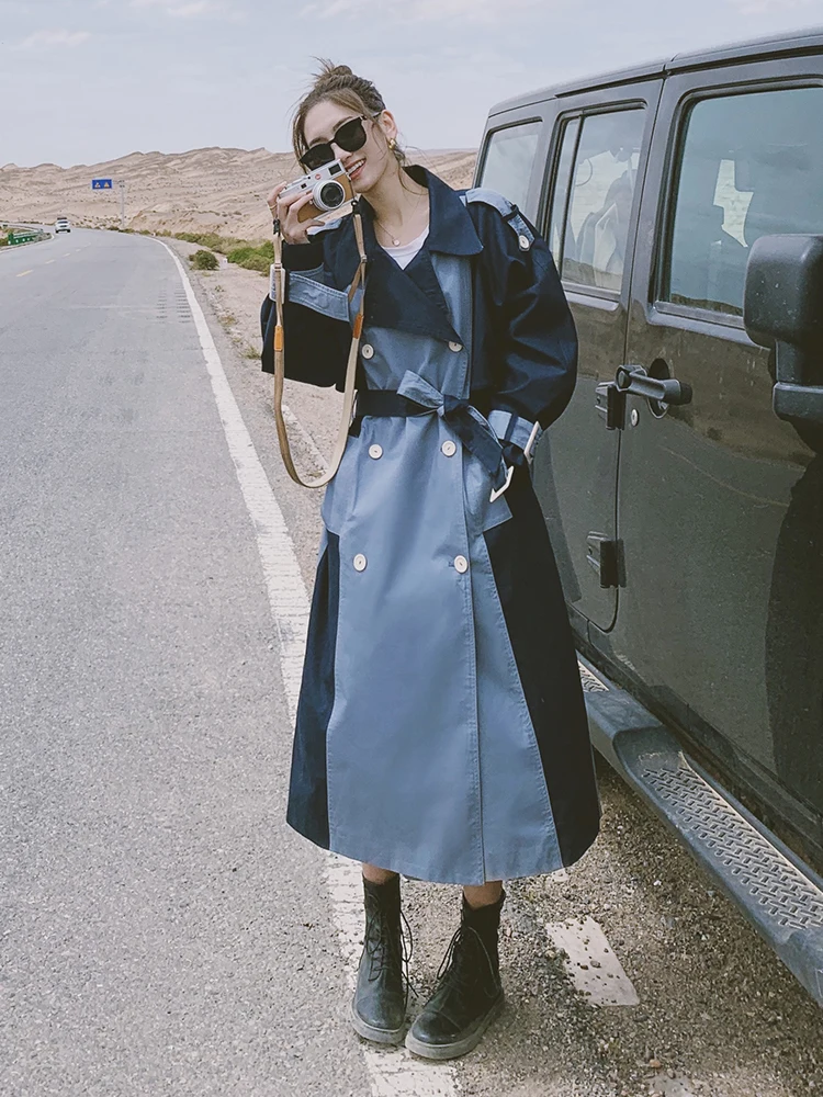 

Design Long Trench Coat For Women 2020 Fashion Double-breasted Large Size Patchwork Korean Style Ladies Windbreaker With Belt
