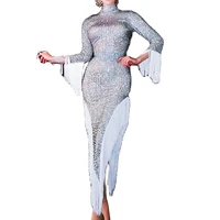 silver full rhinestones tassel asymmetrical dresses high split fork dress long sleeve ladies dance costume party dress for women