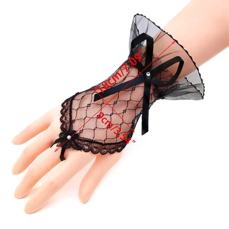 

Women Bridal Wedding Short Fingerless Gloves Rhinestone Bowknot Sheer Mesh Lace Gauze Bridesmaids Sunscreen Mittens