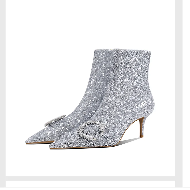 

Silver short boots women 2021 winter new bride crystal wedding stilettos banquet dress custom wedding boots