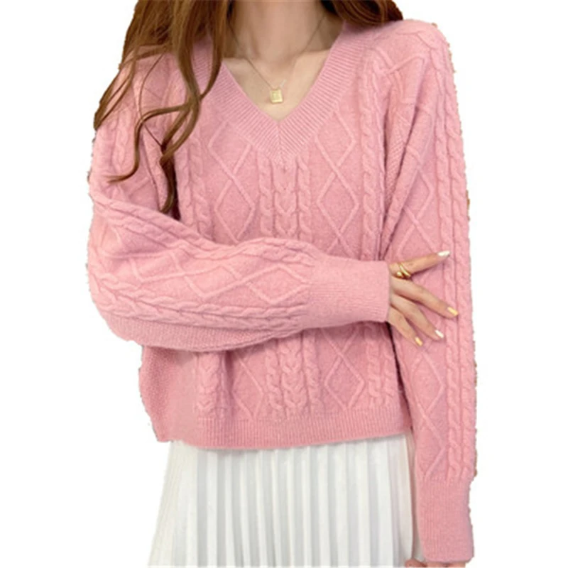 

2021 New Arrivals Women's Knitted Sweaters Twist Spring Autumn Solid Female Pullover V-Neck Long Sleeve Loose Lady Outerwear M11