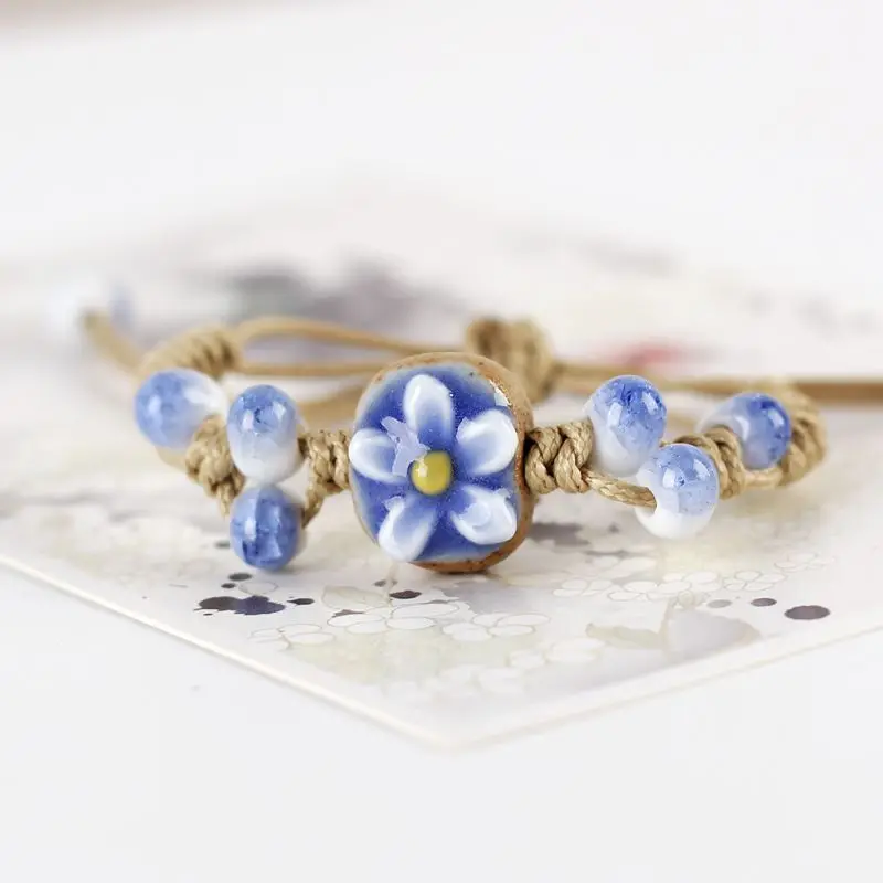 

Creative Handmade Woven Bracelet Personality Vintage Ethnic Style Ceramic Flower Small Jewelry Fashion Girl Women's Accessories