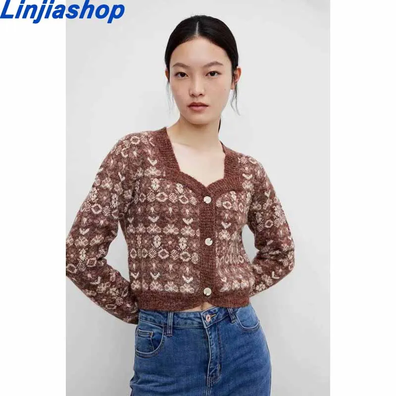 

Fashion Floral Print Short Cardigan Female Casual Streetwear Long Sleeve Knitwear Women Sweater Jumper Women Autumn