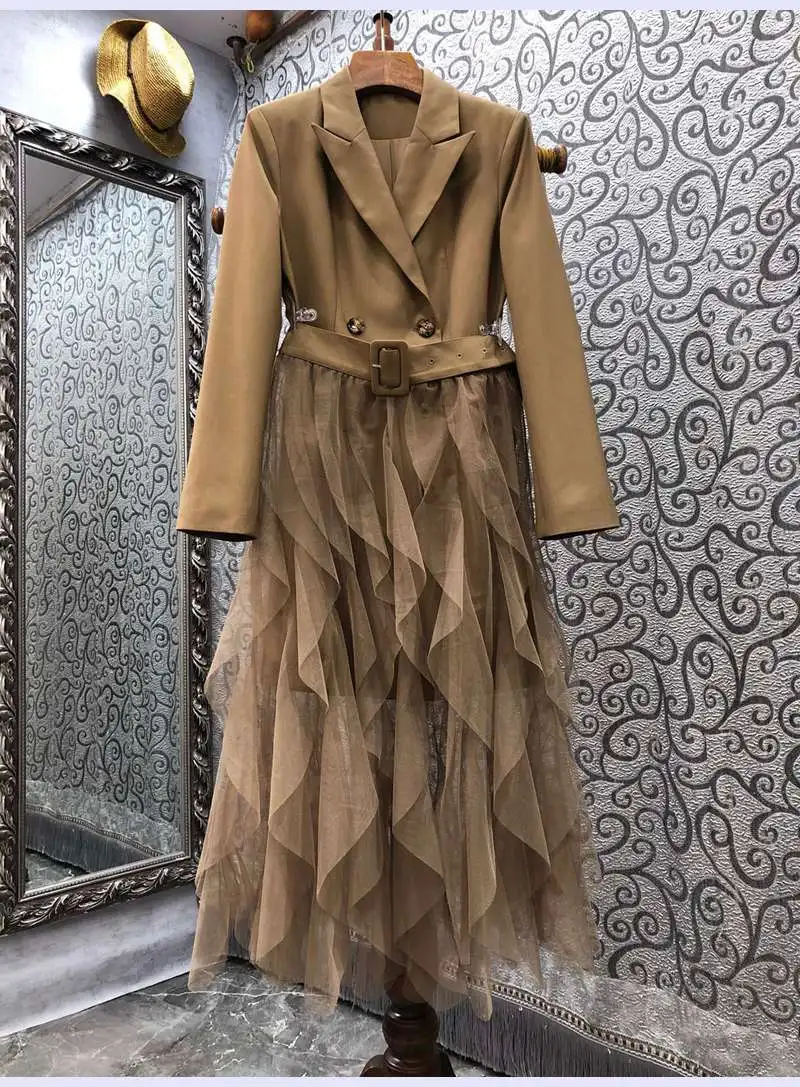 

Top Quality Designer Clothing Sets 2022 Spring Blazer Sets Women Long Blazer Coats+Sexy Tulle Mesh Skirt Sets Khaki Grey XL Size