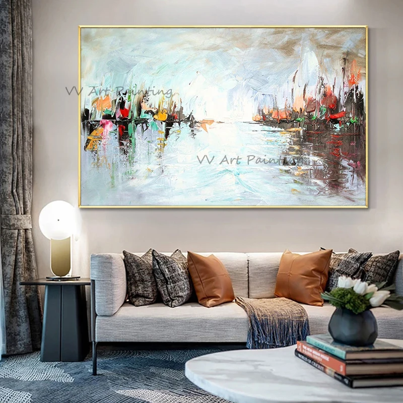 Современная Абстрактная масляная живопись ручной работы с кораблем Картина на