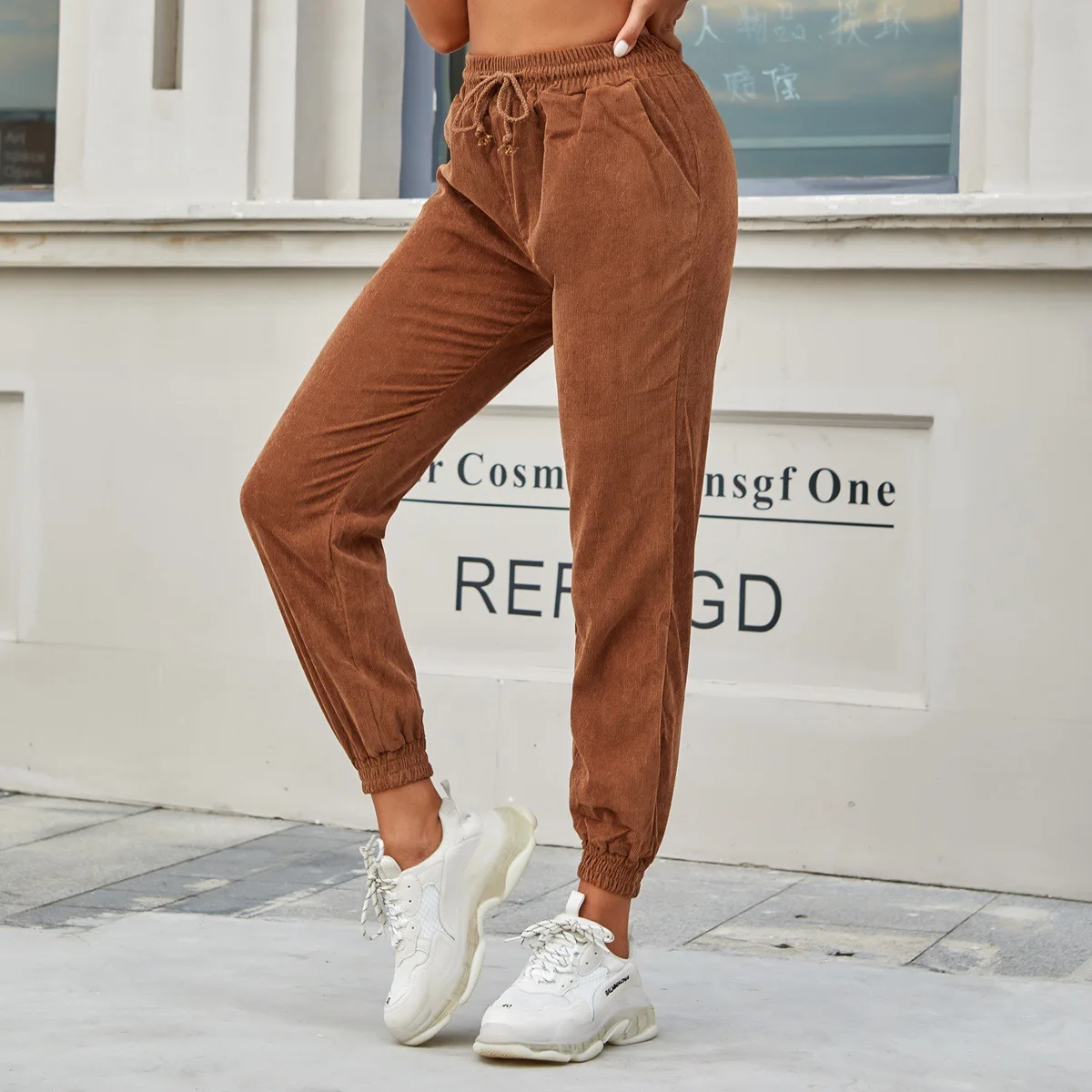 

Европейский и американский осенне-зимний женский модный универсальный Повседневный вельветовый корсет с высокой талией спортивные брюки