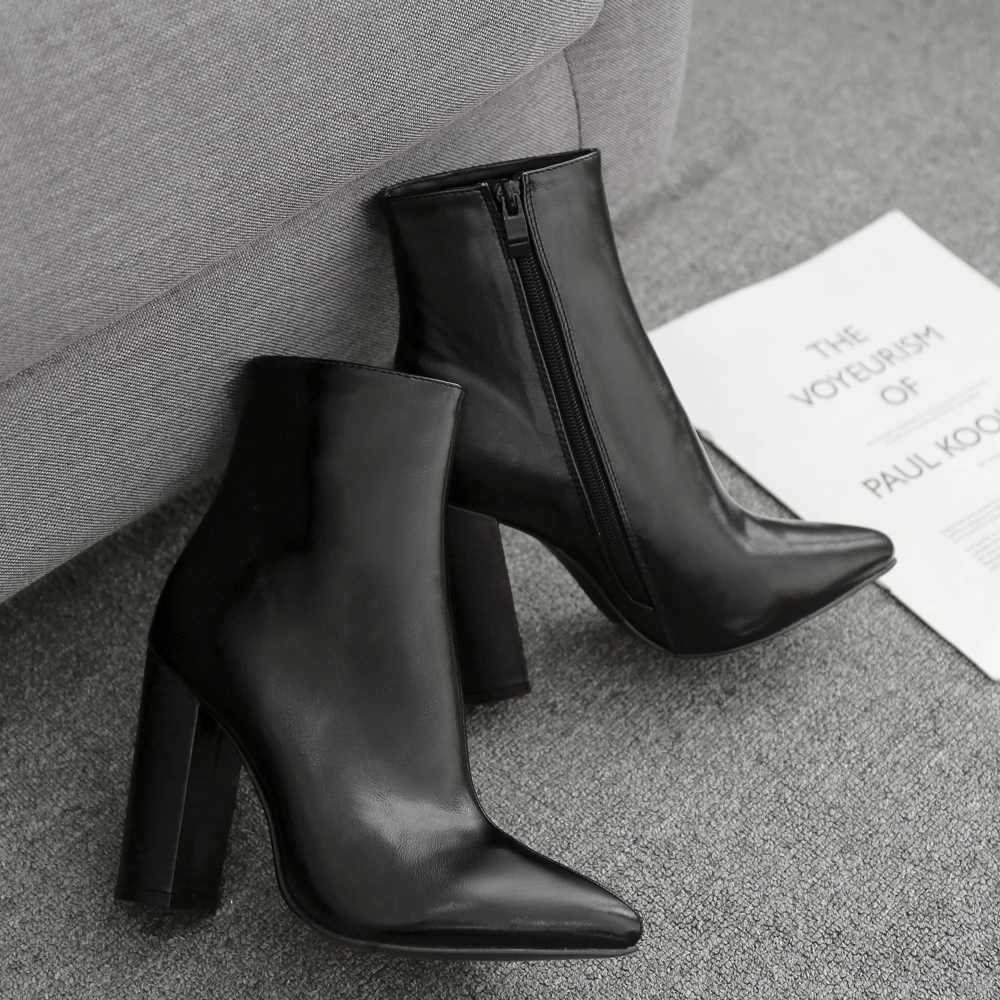 

Ankle Women's Boots Pointed Toe Shallow Rain Boots Zipper Thick High Heels Black Women's Shoes Plus Size 35-42 Bottes Femme 2020