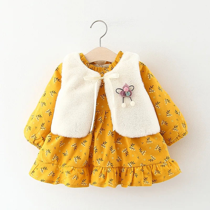 Бархатное платье с жилетом и цветочным рисунком для девочек детская одежда