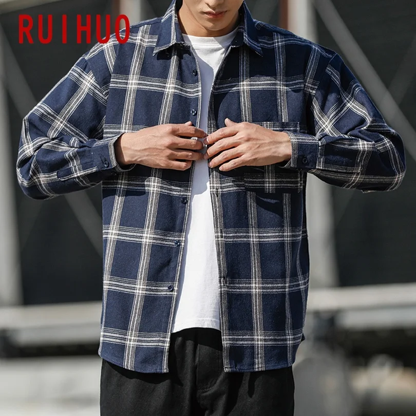 RUIHUO Повседневная рубашка в клетку Мужские приталенные мужские рубашки с длинным