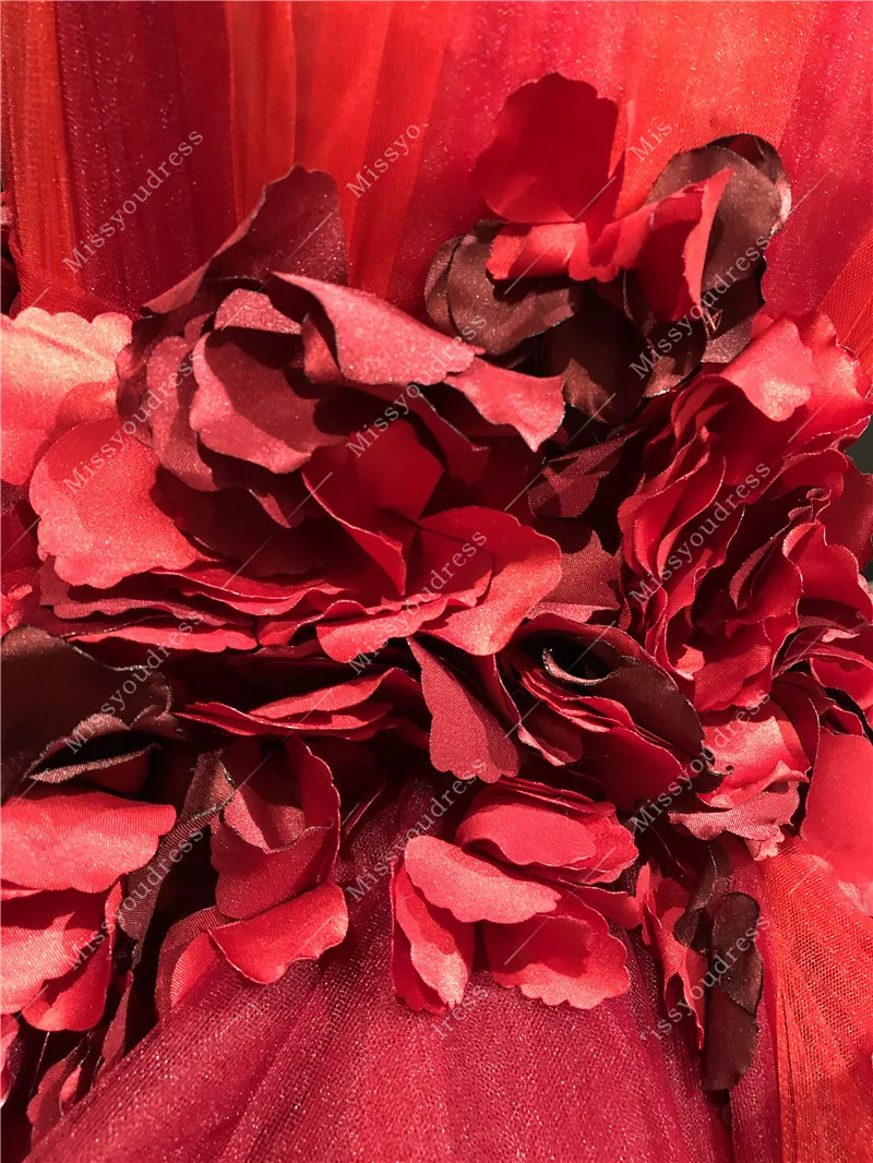 Newest High Quality Customized Real Pictures Red Sleeveless Open Back Flowers Ball Gown Floor Length Evening Party Prom Dresses