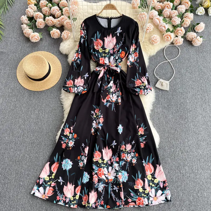 

Chic Korean Ladies Puff Sleeve Flower Dress Summer New Hollow Round Neck Slim Long Design Sense Printing Holiday Dress zh1379