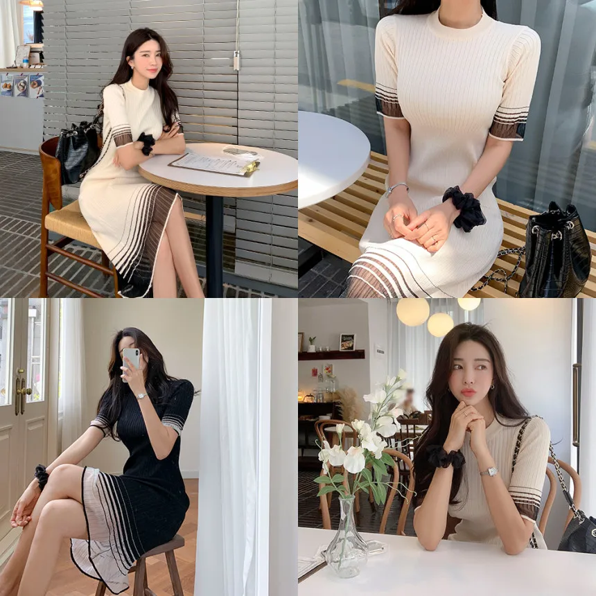 Женское трикотажное платье с коротким рукавом простое и элегантное оборками