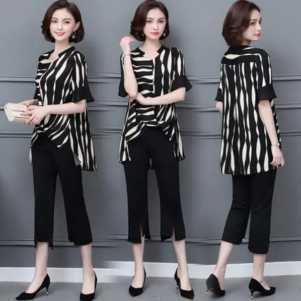 Женский костюм размера плюс комплект из 2 предметов полосатый топ и штаны лето 2020