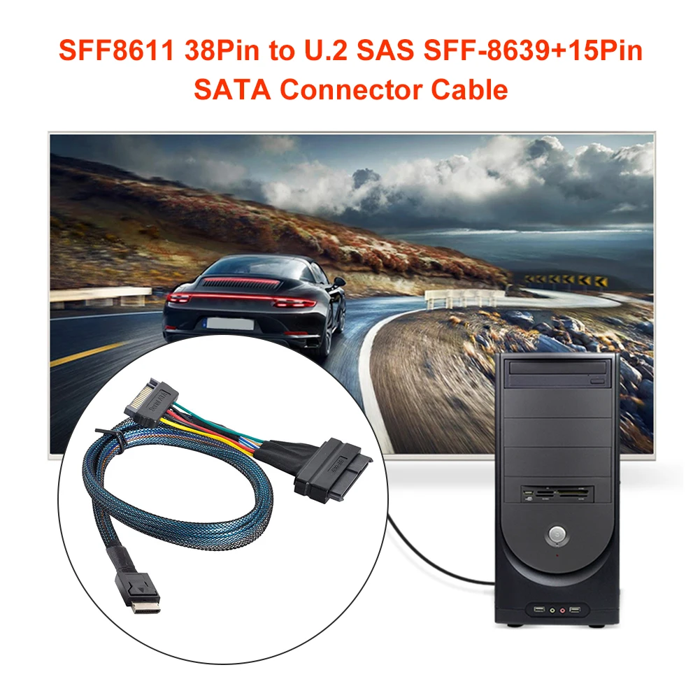 

SFF8611 SATA Cable 38Pin to U.2 SAS SFF-8639+15Pin SATA Connector Power Cord Server Data Connect Cable for PC Desktop