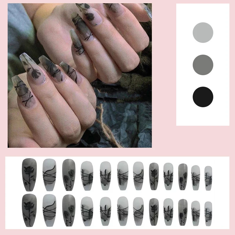

24pcs Black Rose Wear Long Paragraph Fashion Manicure Patch False Nails Save Time Wearable Nail Patch Fake Long Nails with Glue