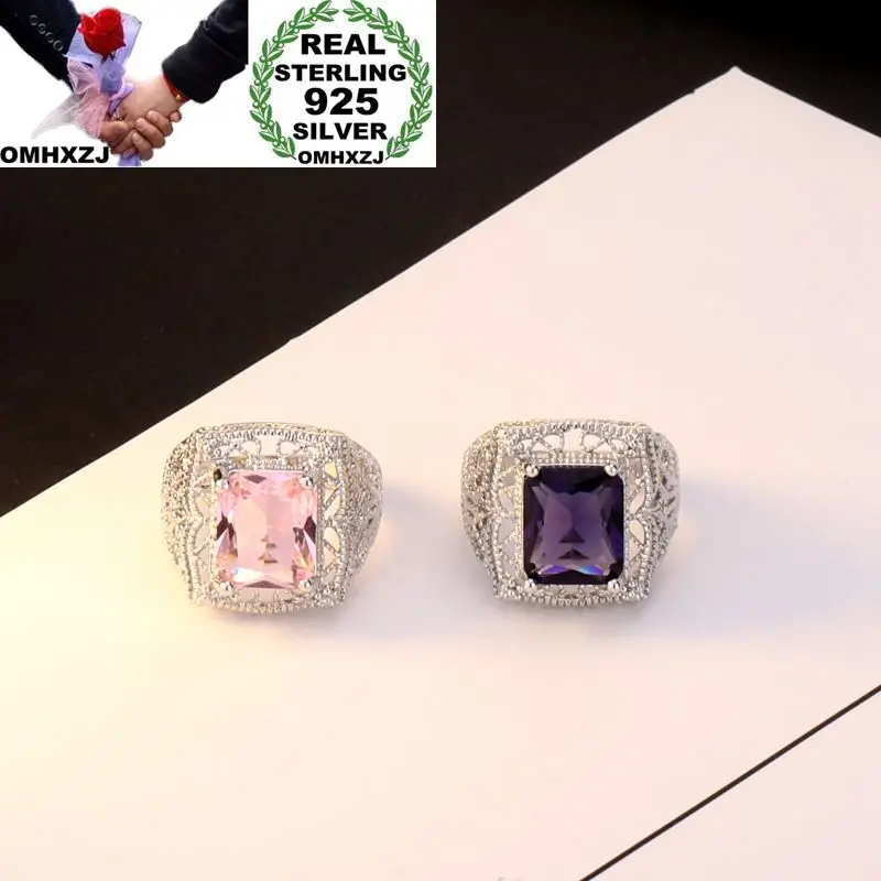 

OMHXZJ Wholesale European Fashion Woman Man Party Wedding Gift Silver Purple Rectangle AAA Zircon 925 Sterling Silver Ring RR112