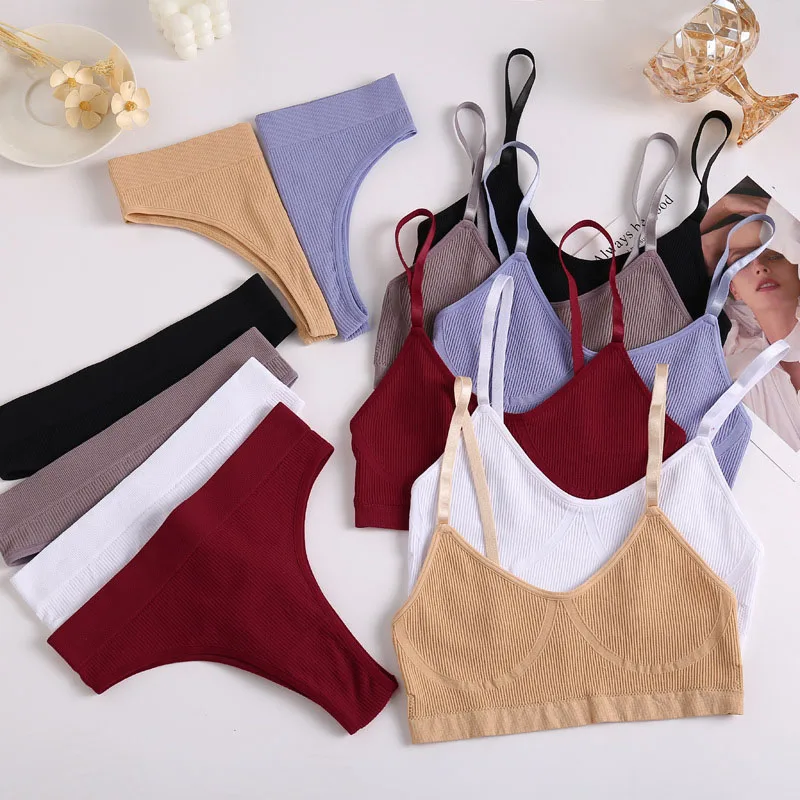 

2PCS/Set Seamless Bra Panties Set Women Sexy Stretch Sport Bra Thong Briefs Style Panty Bralette Crop Top Intimates Lingerie Set