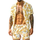 Гавайский пляжный комплект для мужчин, Модный комплект в стиле хип-хоп, Летняя Повседневная рубашка с коротким рукавом и цветочным принтом, комплект из двух предметов