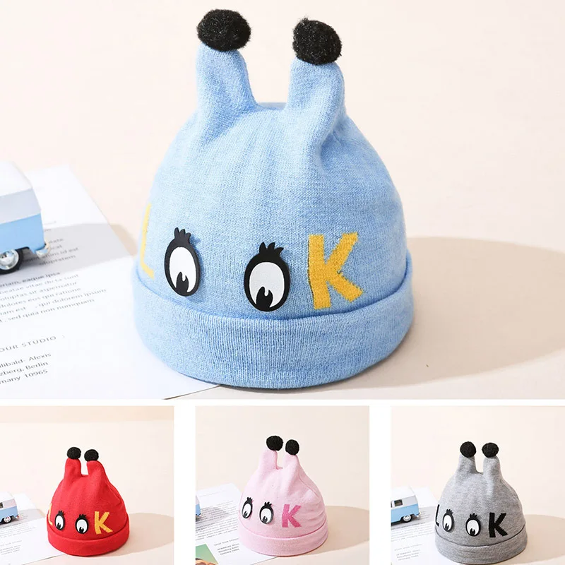 

New Autumn And Winter Baby Warm Hat Knitted Hat Soft Eyes Letter Look Boy Girl Cute Beanie Cap Suitable For Childrens 0-6M
