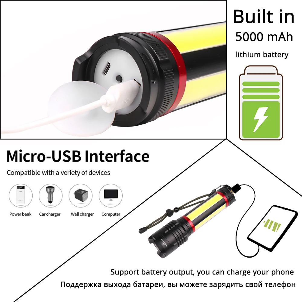 Barato Linterna LED Multifunción Integrada, Batería De Litio De 5000mAh Con XHP70.2 + COB LED Superbrillante, Luz De Camping Impermeable