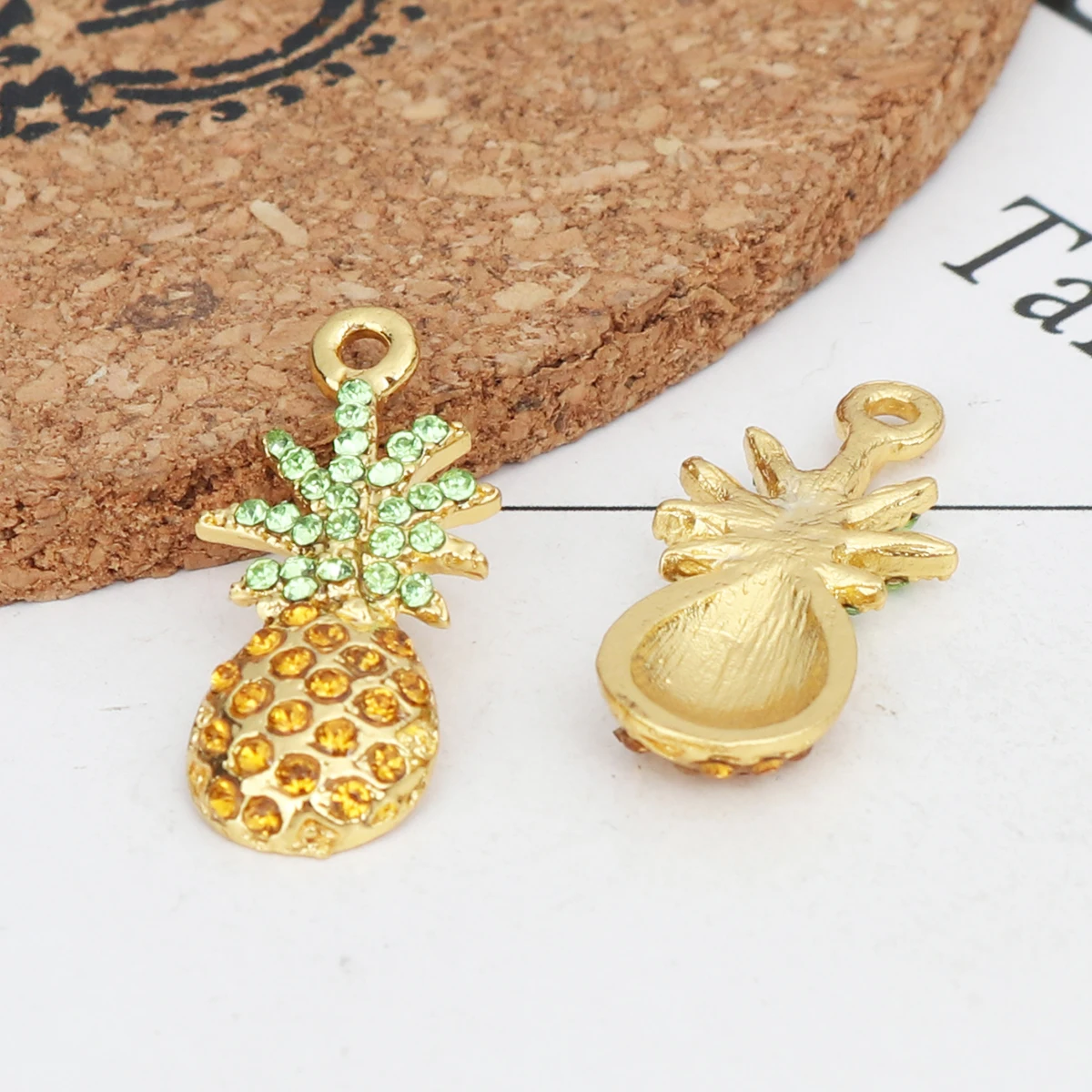 

Zinc Based Alloy Charms Pineapple Ananas Fruit Gold Color With Micro Pave Multicolor Rhinestone 26*12mm For DIY Jewelry, 2 PCs