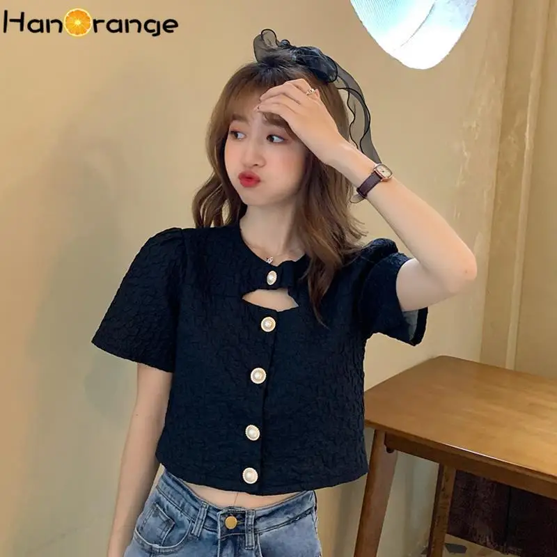 

Niche Hollow Women Short Shirt Fold Summer 2021 Slim Short Tops Female Casual Single Breasted