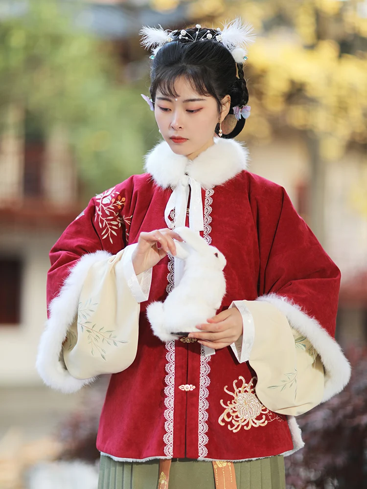 

Оригинальная Женская бархатная двухбортная юбка Ming Hanfu с вышивкой Huang Huajia, зимняя новая юбка лошади с рукавом Пипа